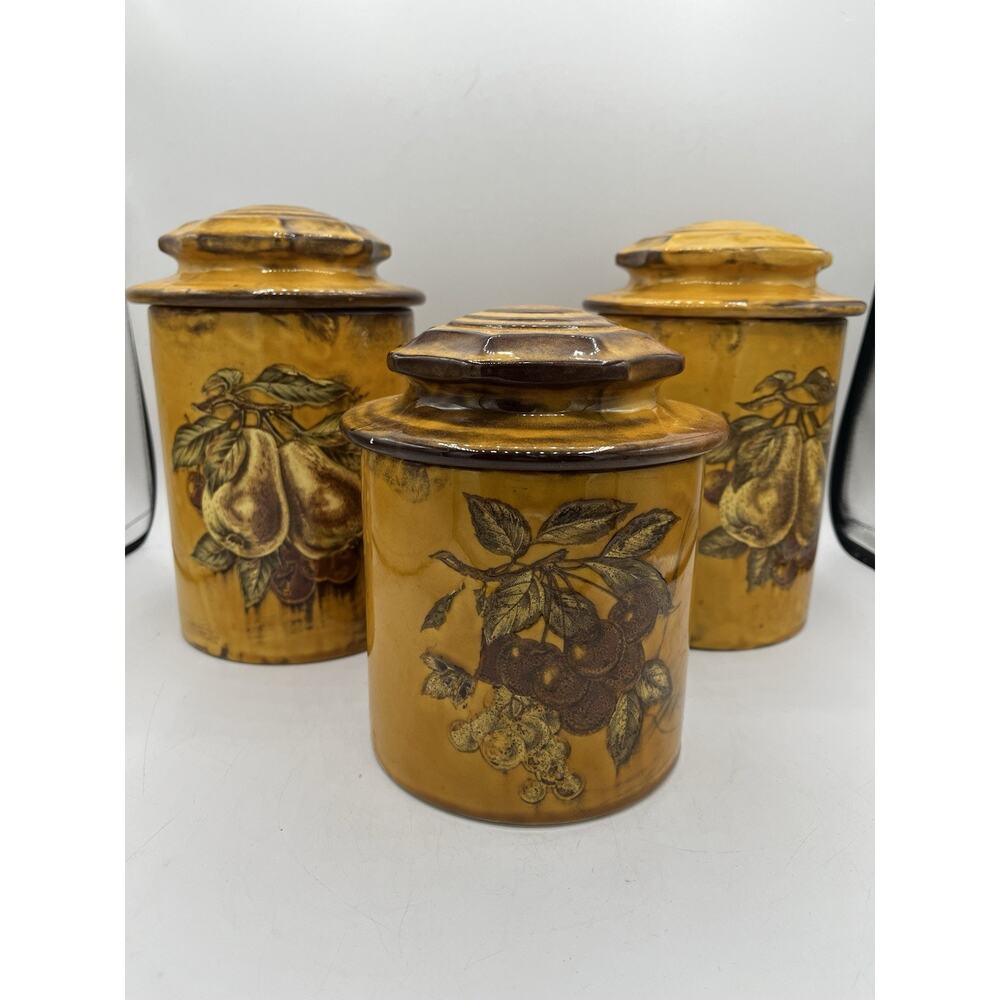 Vintage Holiday Designs USA Set 3 Ceramic Canisters Mustard Fruit 1970s AS IS